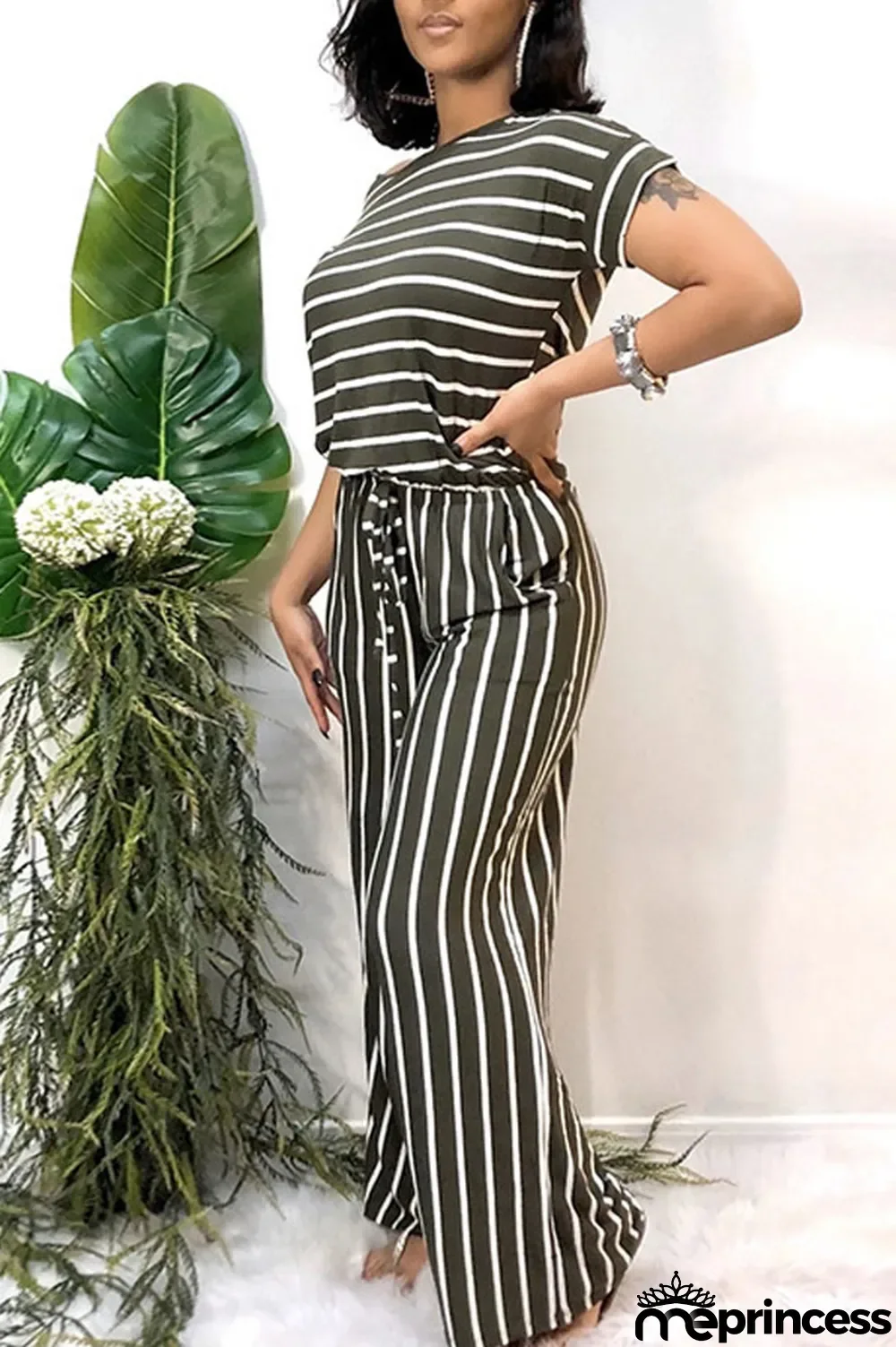 Grey Polyester Sexy Striped Print Stripe Plus Size