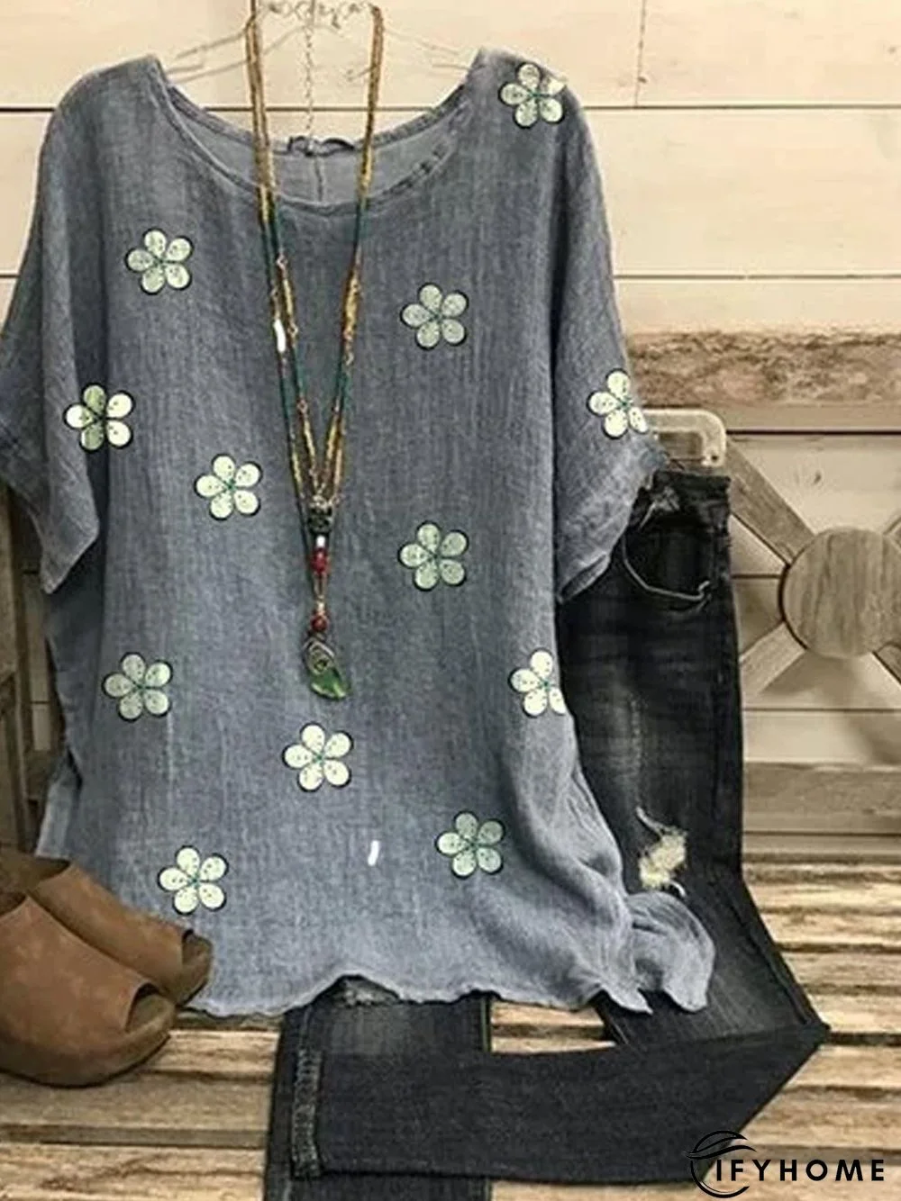 Gray Casual Patchwork Round Neck T-shirt | IFYHOME