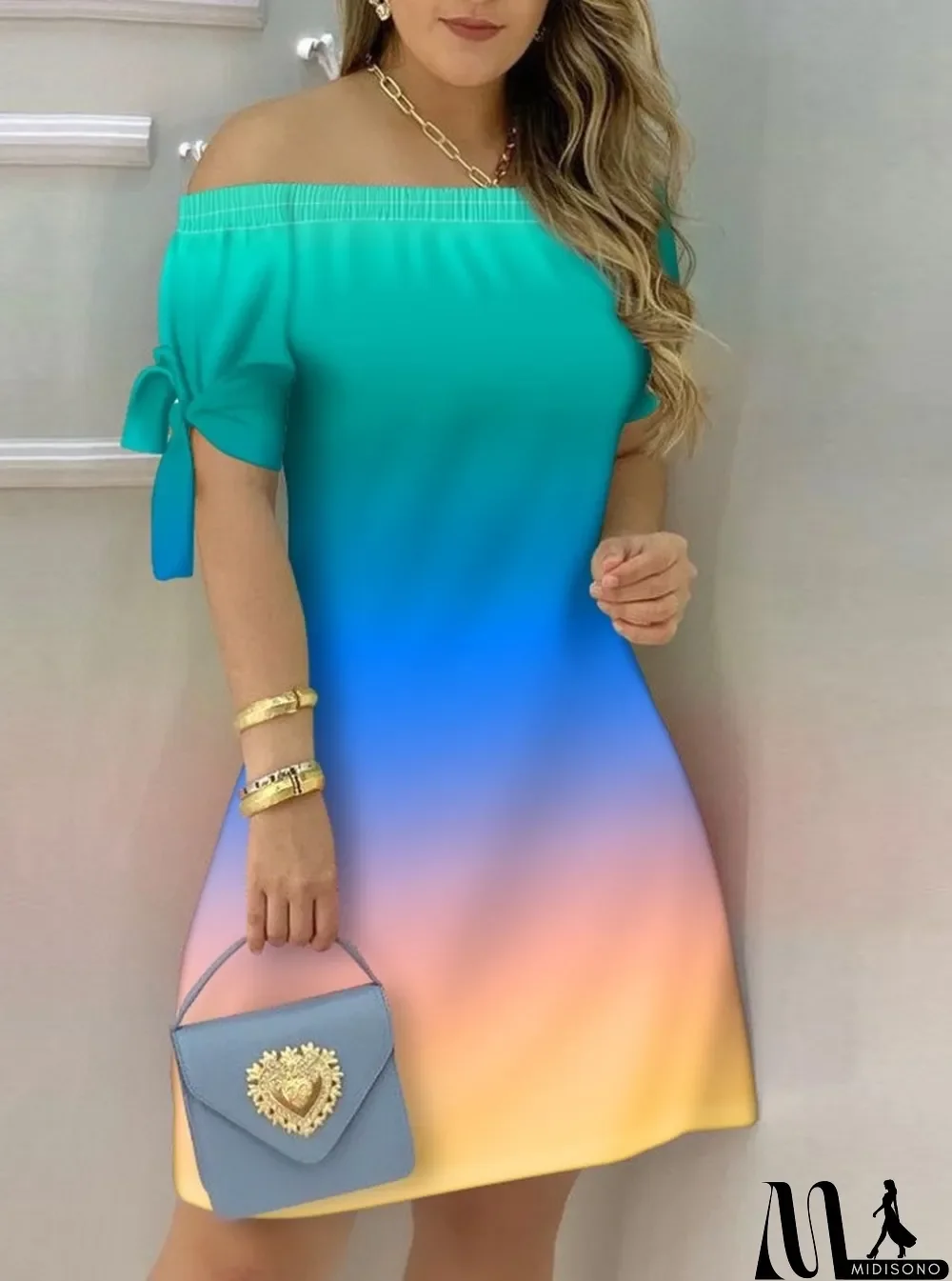 MidiSono - Summer Greadient Green Off Shoulder Short Sleeve Casual Midi Dress