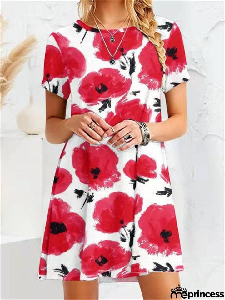 Gentle Female Flower Print Crew Neck Short Sleeve Trendy Dress