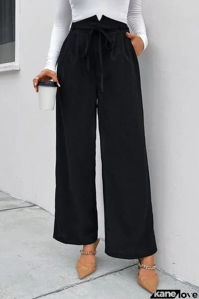 High Waist Ruched Tie Front Wide Leg Pants