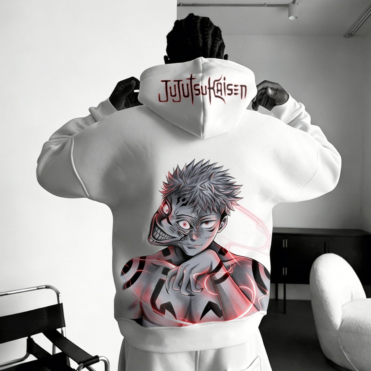 Jujutsu Kaisen Anime Hoodie with Full-Back Character Print and Red Glow Design