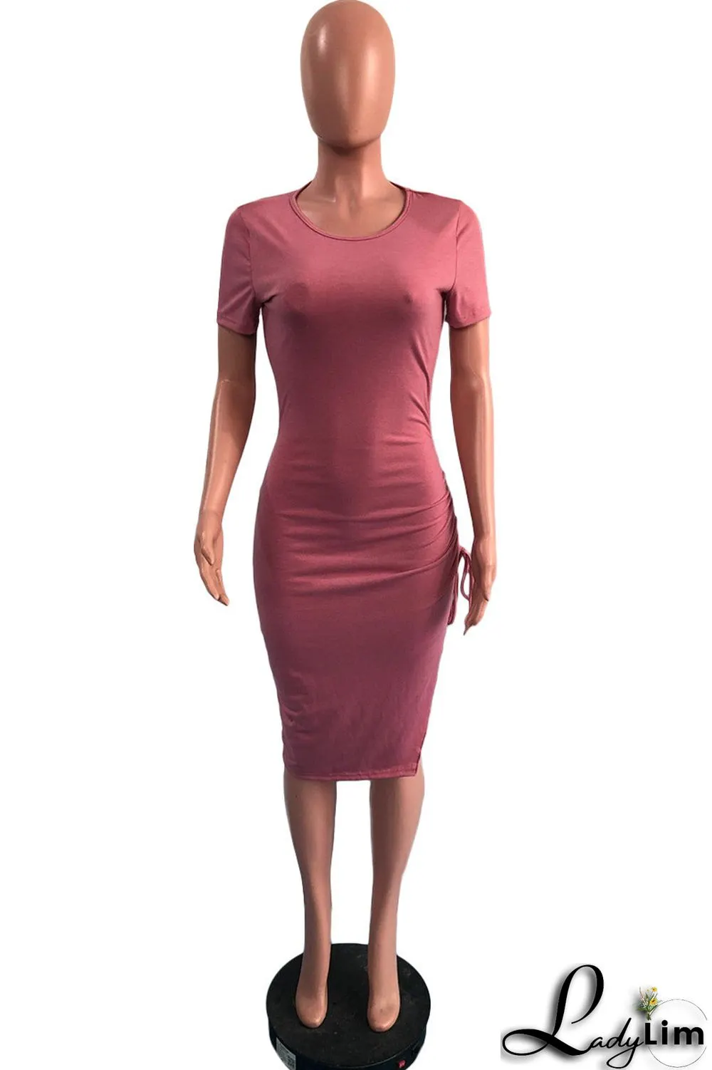 Fuchsia Fashion Casual Solid Draw String Frenulum Slit O Neck Short Sleeve Dress