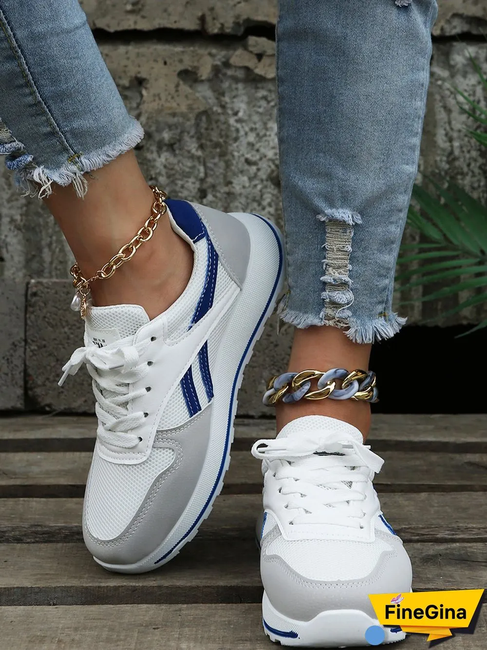 Color Block Sports All Season Split Joint Flat Heel Round Toe Fabric Fabric Lace-Up Sneakers for Women