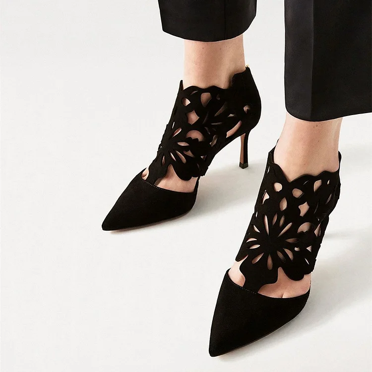 Black Vegan Suede Pointy Toe Hollow Out Summer Boots |FSJ Shoes