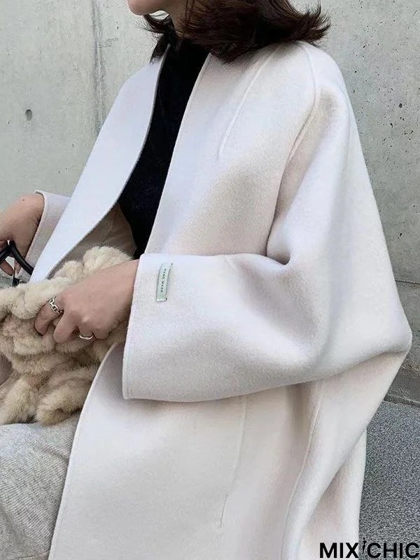 Long Sleeves Loose Solid Color Collarless Woolen Coat