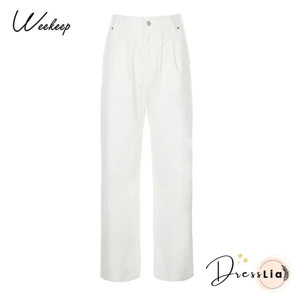 Weekeep Pleated White Solid Women'S Jeans Streetwear High Waist Button Denim Pants Vintage Straight Harajuku Basic Trousers
