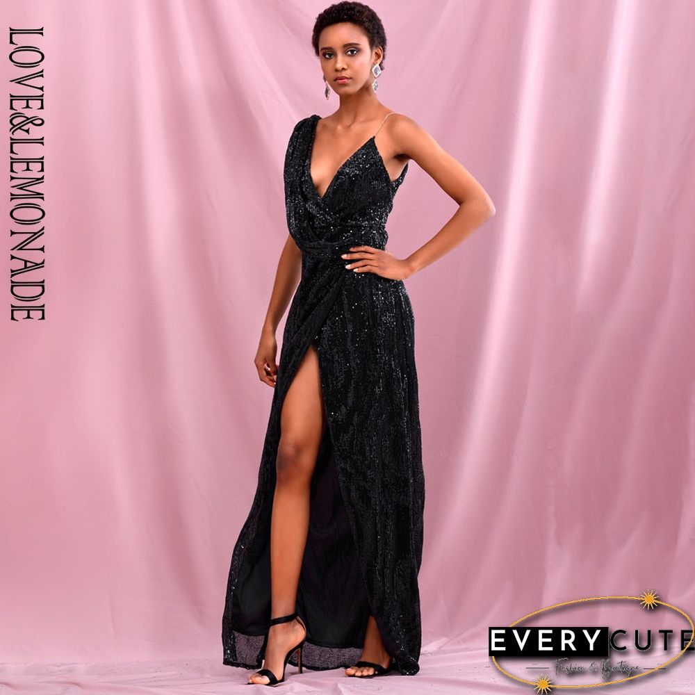 Sexy Black Deep V-Neck Whit Split Sequins Party Maxi Dress LM81849