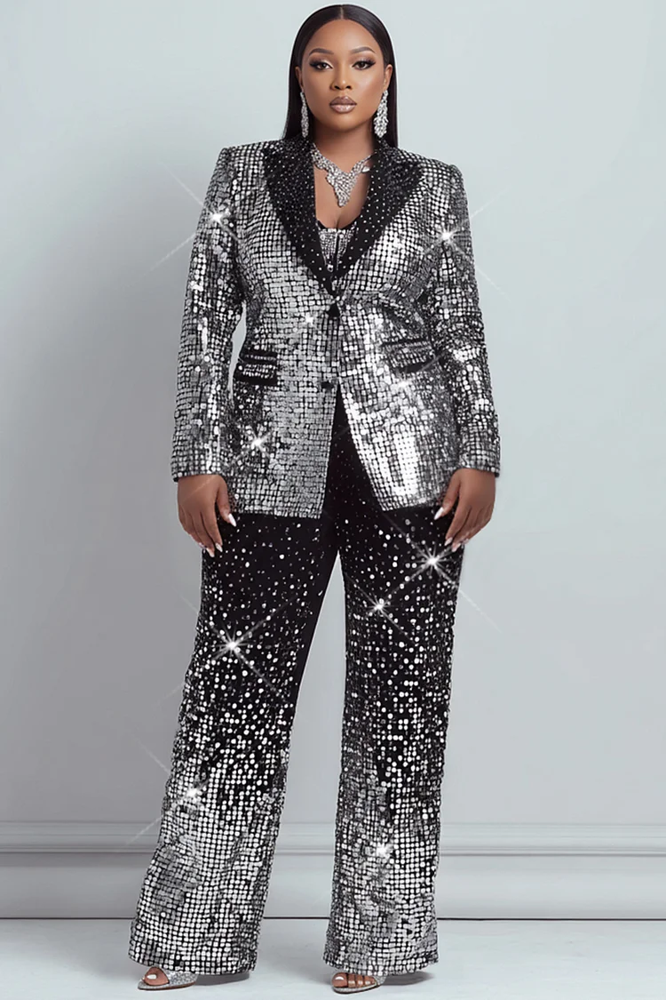 Xpluswear Design Plus Size Formal Silver Graphic Lapel Collar Long Sleeve Pocket Two Piece Pant Suits [Pre-Order] 2024 - Xpluswear