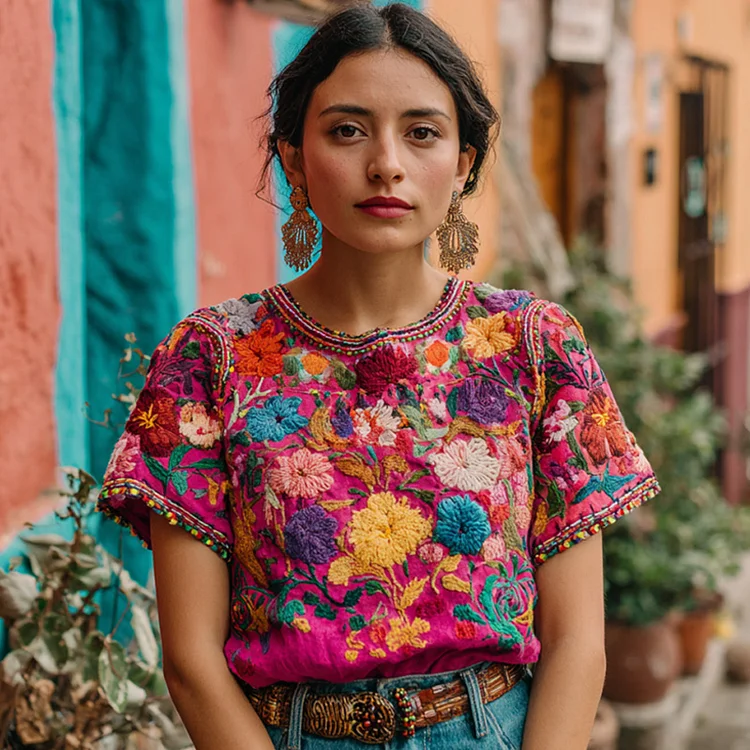 Women's Retro Ethnic Pink Awareness Flower Embroidery Printed T-shirt