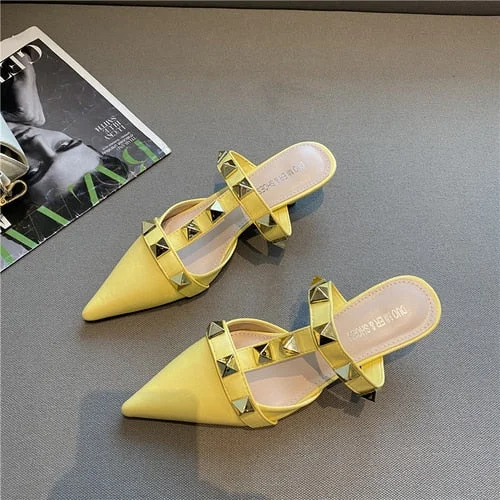 2021 New Rivet Pointed Thin Heel Baotou Half Slipper Female Middle Heel Shallow Mouth Lazy Mueller Shoes