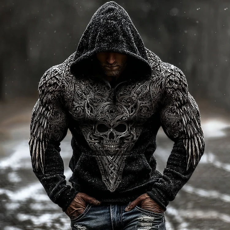 Men's Vintage Viking Skull With Wings Pattern Casual Hoodie