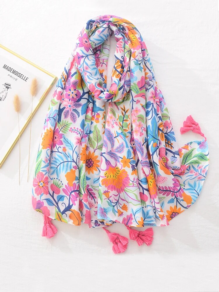 Vacucary Cotton Linen Women Silk Scarf Sweet Cute Soft Floral Beach Shawl Foulard Femme Mujer Pareo Muffler Bufanda Stoles Hijab Bandana