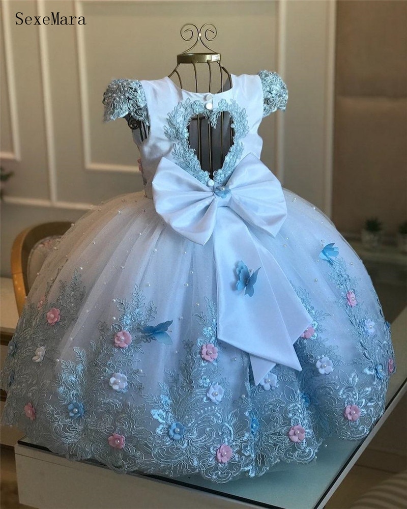 Ball Gown Lace Pearls Flower Girl Dresses For Wedding Appliqued Keyhole