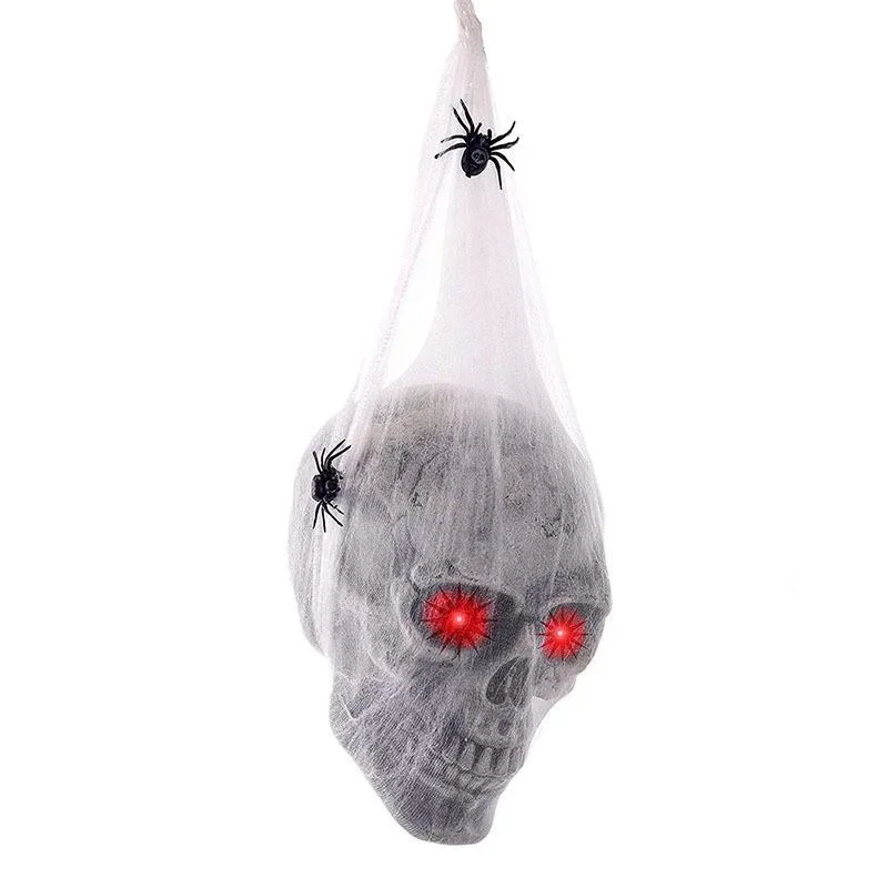 Tegooe Halloween Hanging Skull Prop with Light-Up Eyes Spiders - 16x50cm Plastic