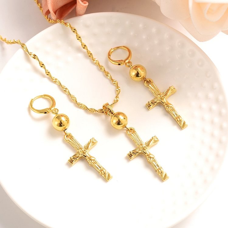 gold beads cross Pendant Necklace chain Earrings sets