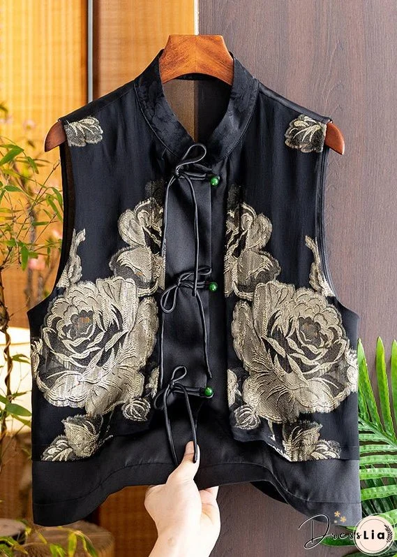 Handmade Black Stand Collar Embroideried Button Silk Cardigans Sleeveless