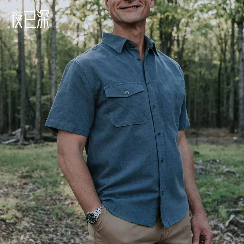 Summer Men's Shirt Pocket Flat Lapel Simple Shirt