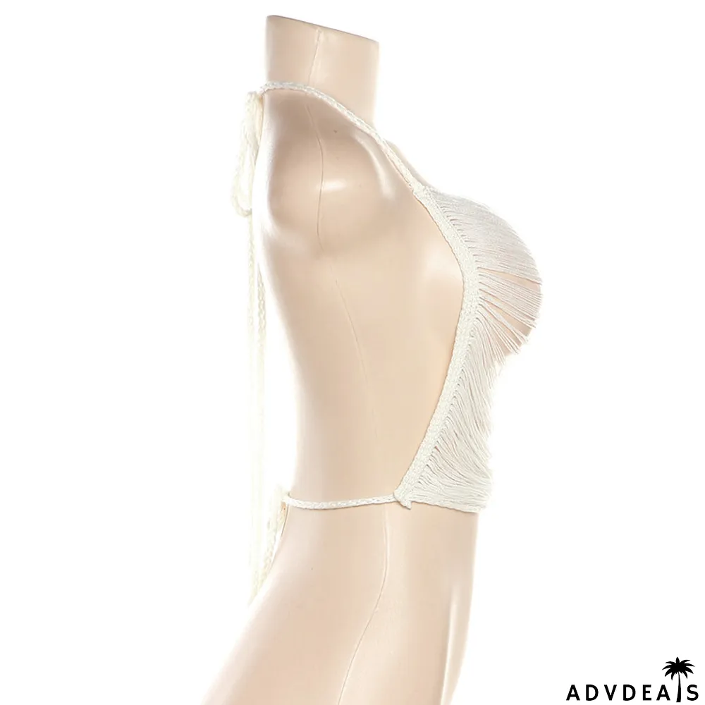 Summer Women Knitting Hollow Tassel Halter Neck Solid Slim Top