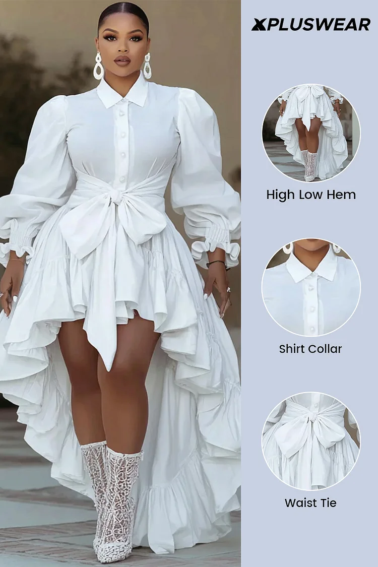 Xpluswear Design Plus Size Semi Formal White Shirt Collar Puff Sleeve Long Sleeve High Low Hem Casual Bow Tie Mini Dresses [Pre-Order]