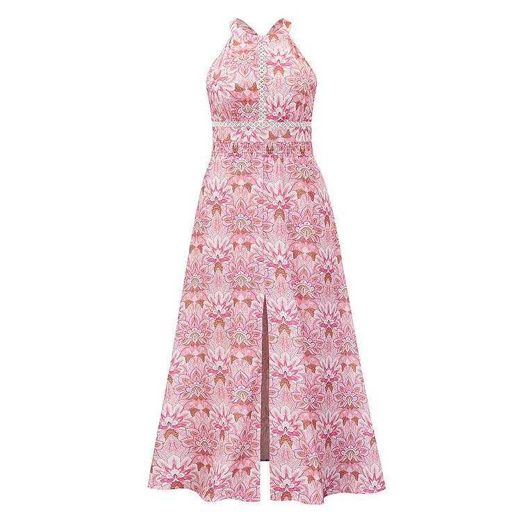 Promsstyle Halter lace up cross back blossom print front slit casual summer dress