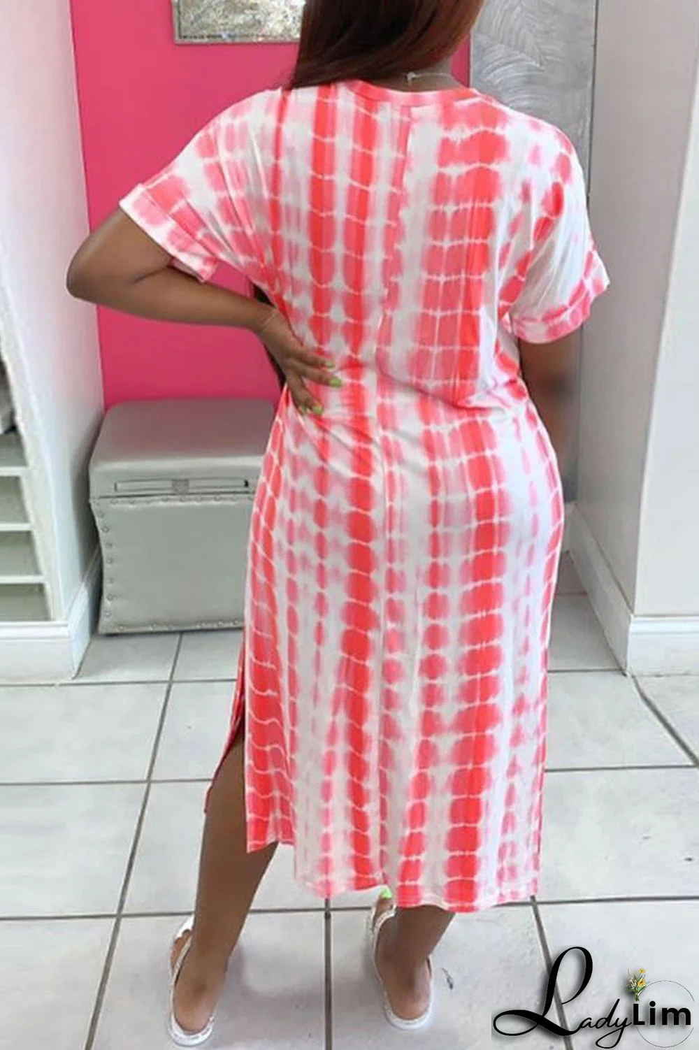 Blue Fashion Casual Print Slit O Neck Short Sleeve Dress Dresses