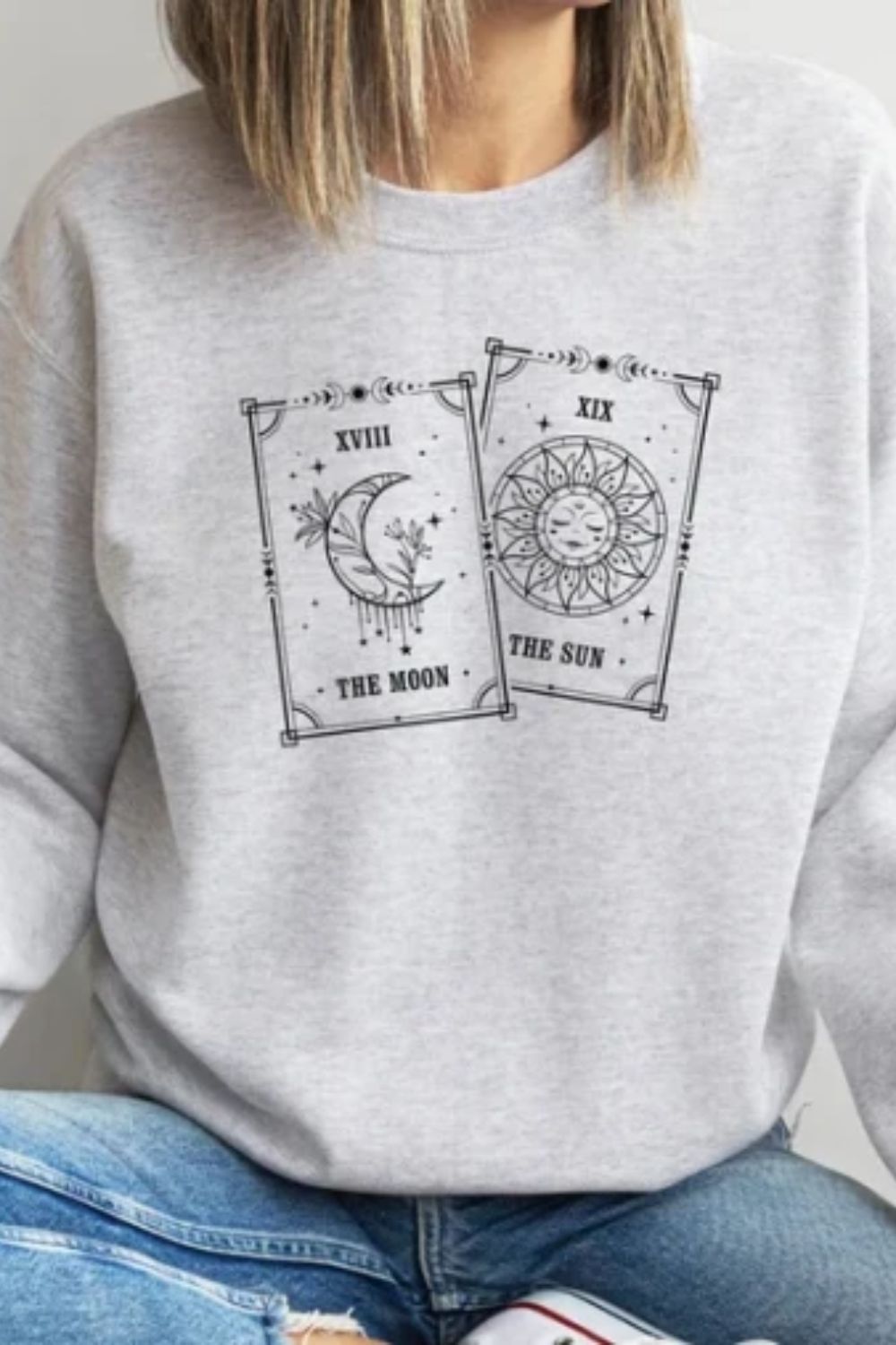 The Sun And Moon Tarot Cards Print Cotton Vintage Sweatshirt