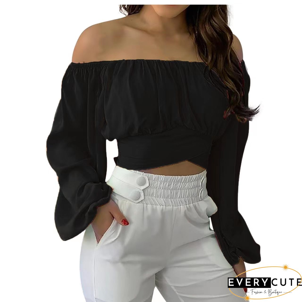 Red Long Sleeve Off Shoulder Crop Tops