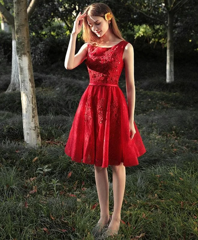 Cute Red Lace Short Prom Dress, Red Evening Dress