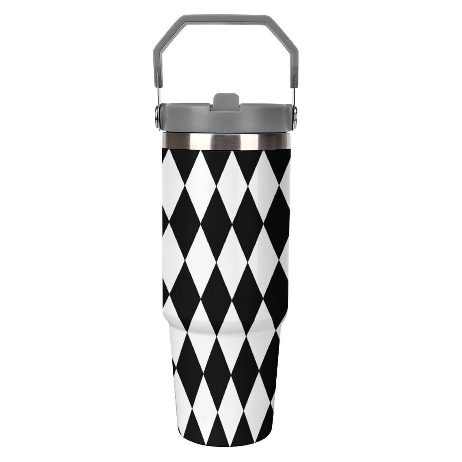 Black And White Harlequin Checkerboard Customize 30 Oz Tumbler with Handle Steel Water Bottle with Straw Mug