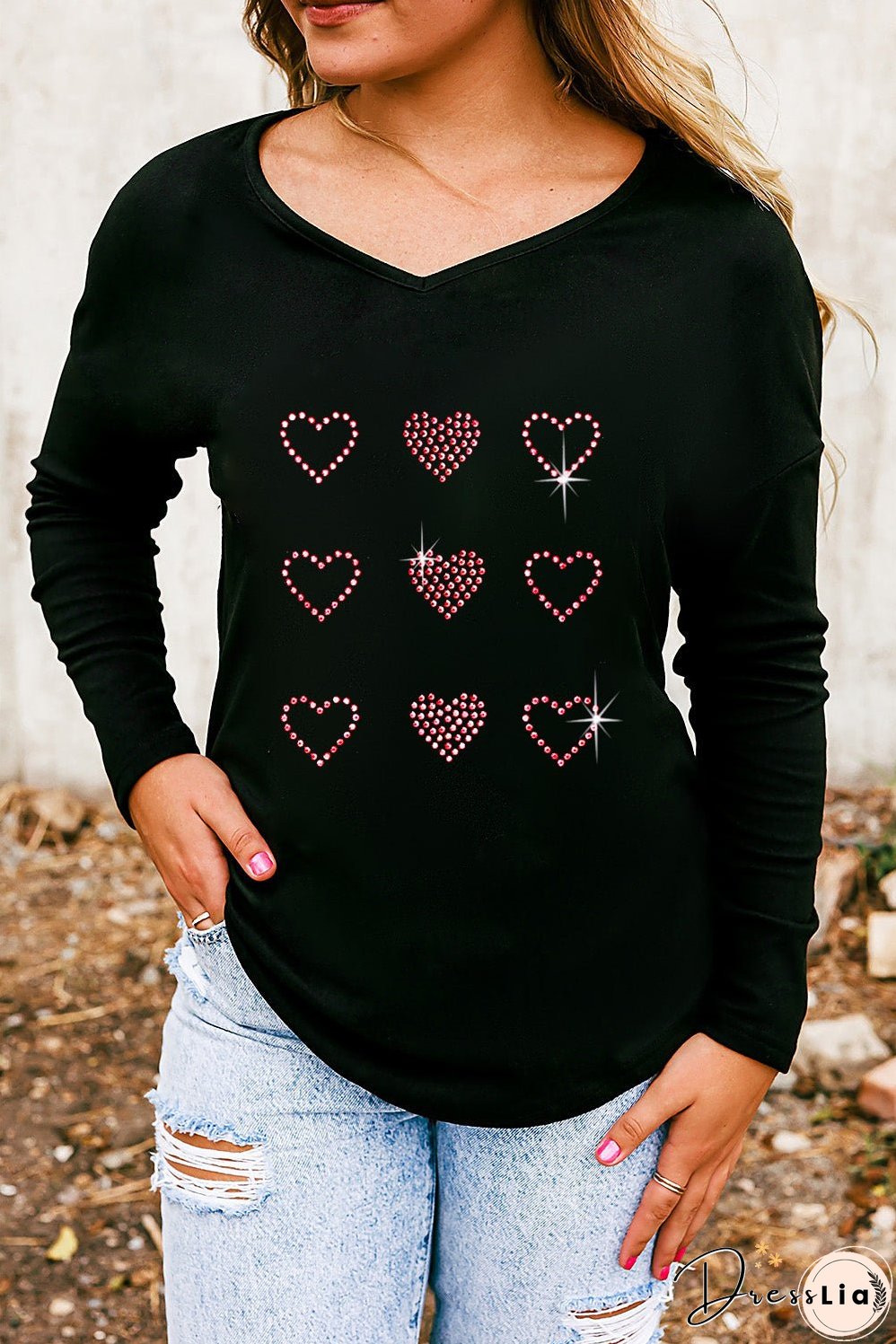 Black Valentines Day Rhinestone Heart Graphic Long Sleeve Tee