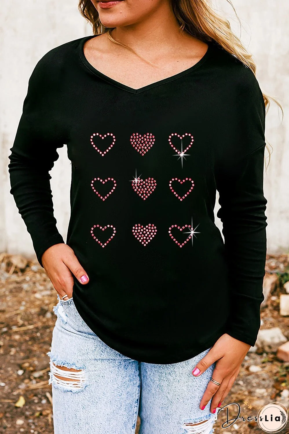 Black Valentines Day Rhinestone Heart Graphic Long Sleeve Tee