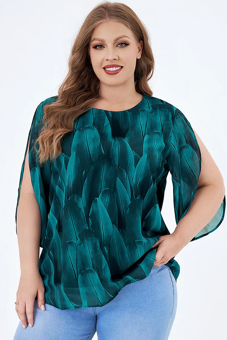 Flycurvy Plus Size Dressy Turquoise Chiffon Plant Print Ruffle Sleeve Layered Blouses  Flycurvy [product_label]