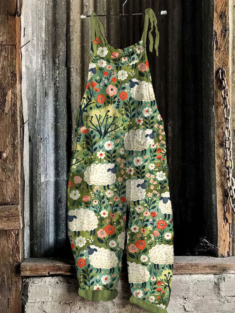 Comstylish Farm Sheep Flower Print Loose Jumpsuit