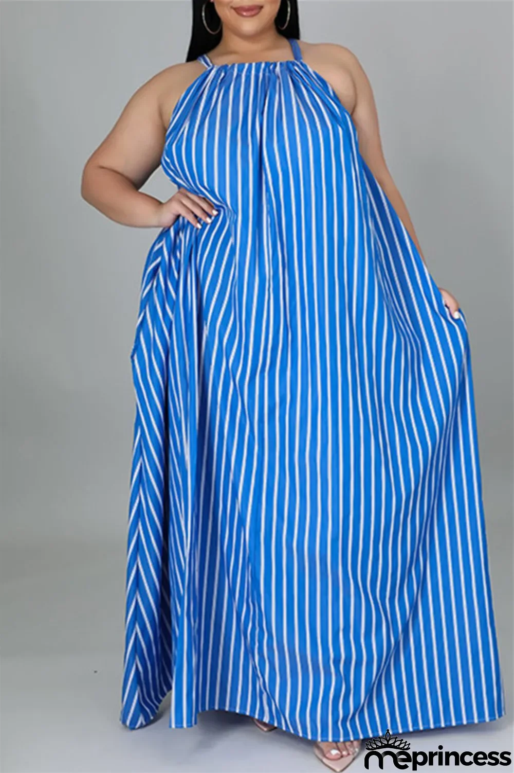 Light Blue Fashion Casual Plus Size Striped Print Backless O Neck Sleeveless Dress