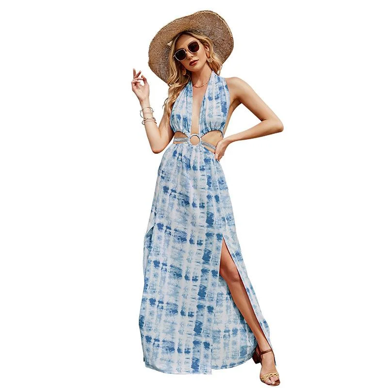 Flowered Dress For Women Halterneck Strap Split Big Swing Maxi Dress