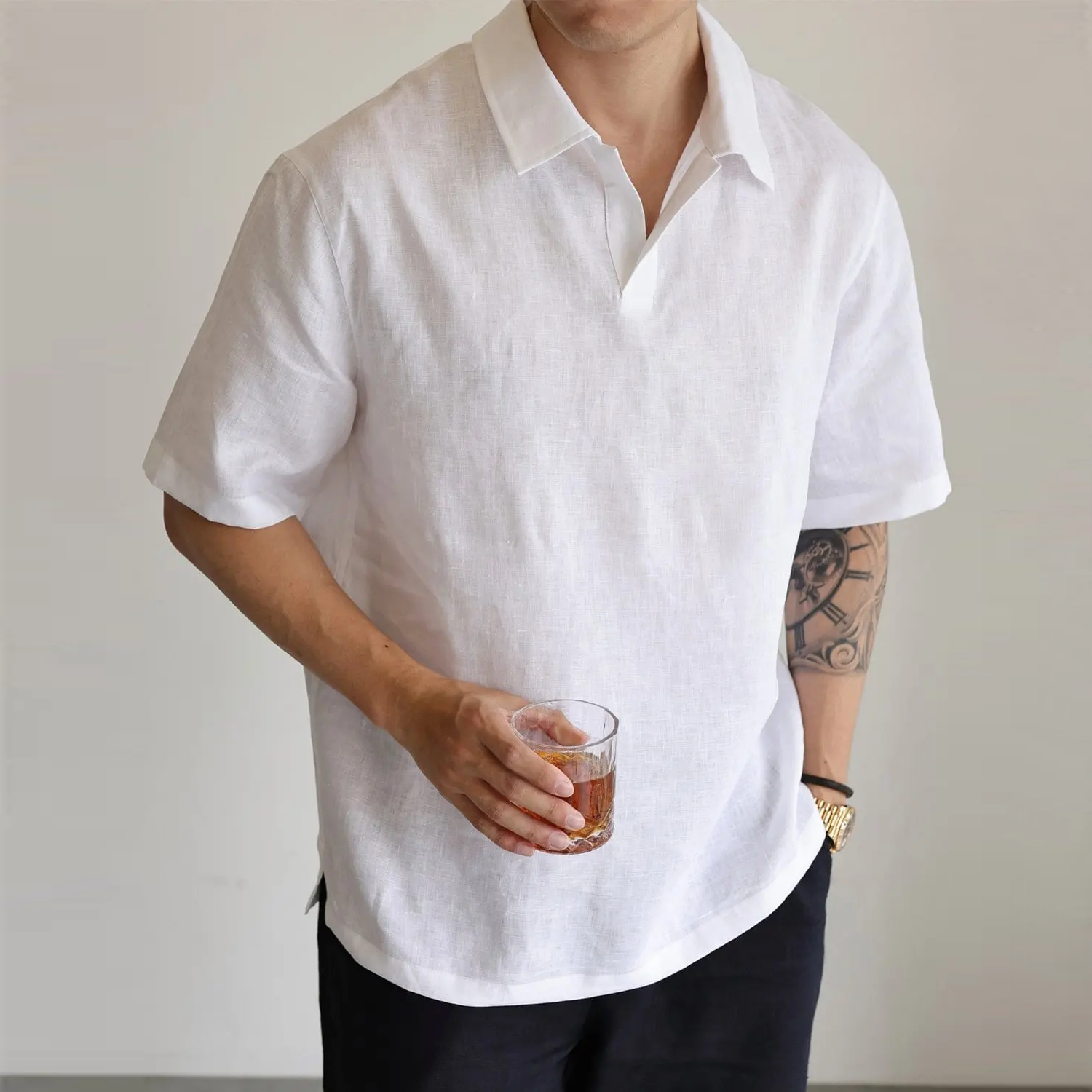 100% European Linen Shirt Half-Open Collar Casual for Men REAL SILK LIFE