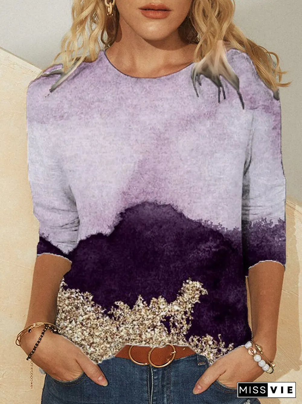 Printed Long Sleeve Crew Neck Casual T-shirt