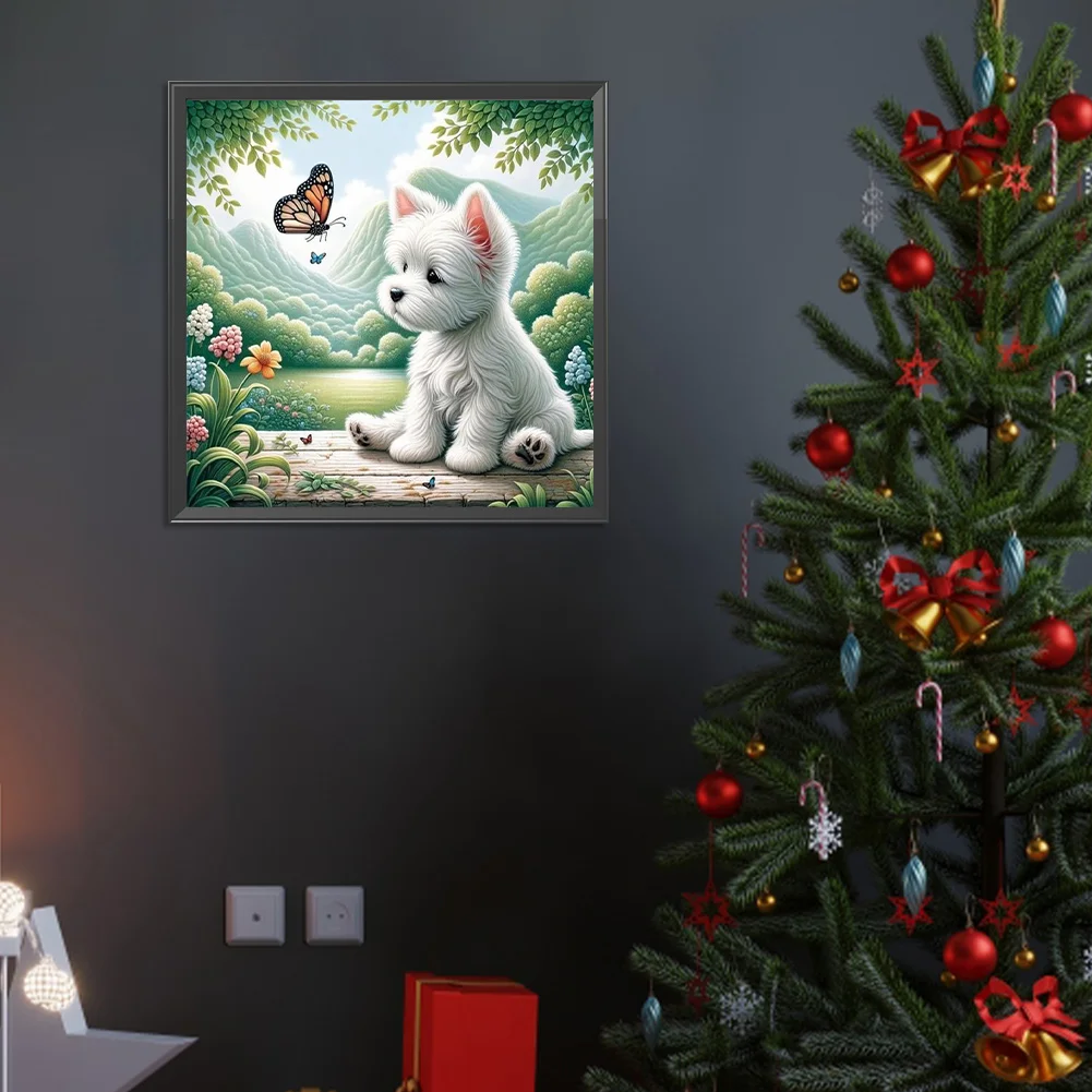 Diamond Painting - Full Round Drill - Dog Playing Butterfly(Canvas|40*40cm)