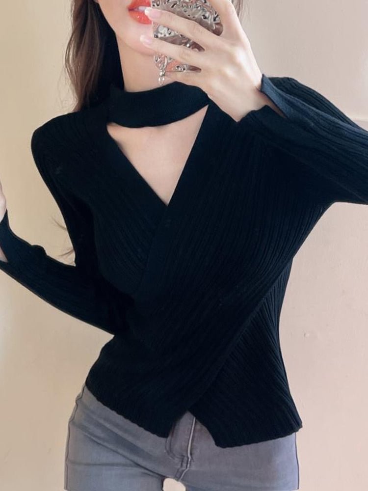 WannaThis Knitting Top Hollow Out Casual Sexy Long Sleeve Skinny Autumn 2022 Streetwear Korean Chic White Fashion New Year Tees