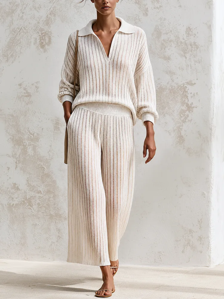 Beige Vertical Rib Knit Polo Top & Wide Leg Pants Two-Piece Knit Set