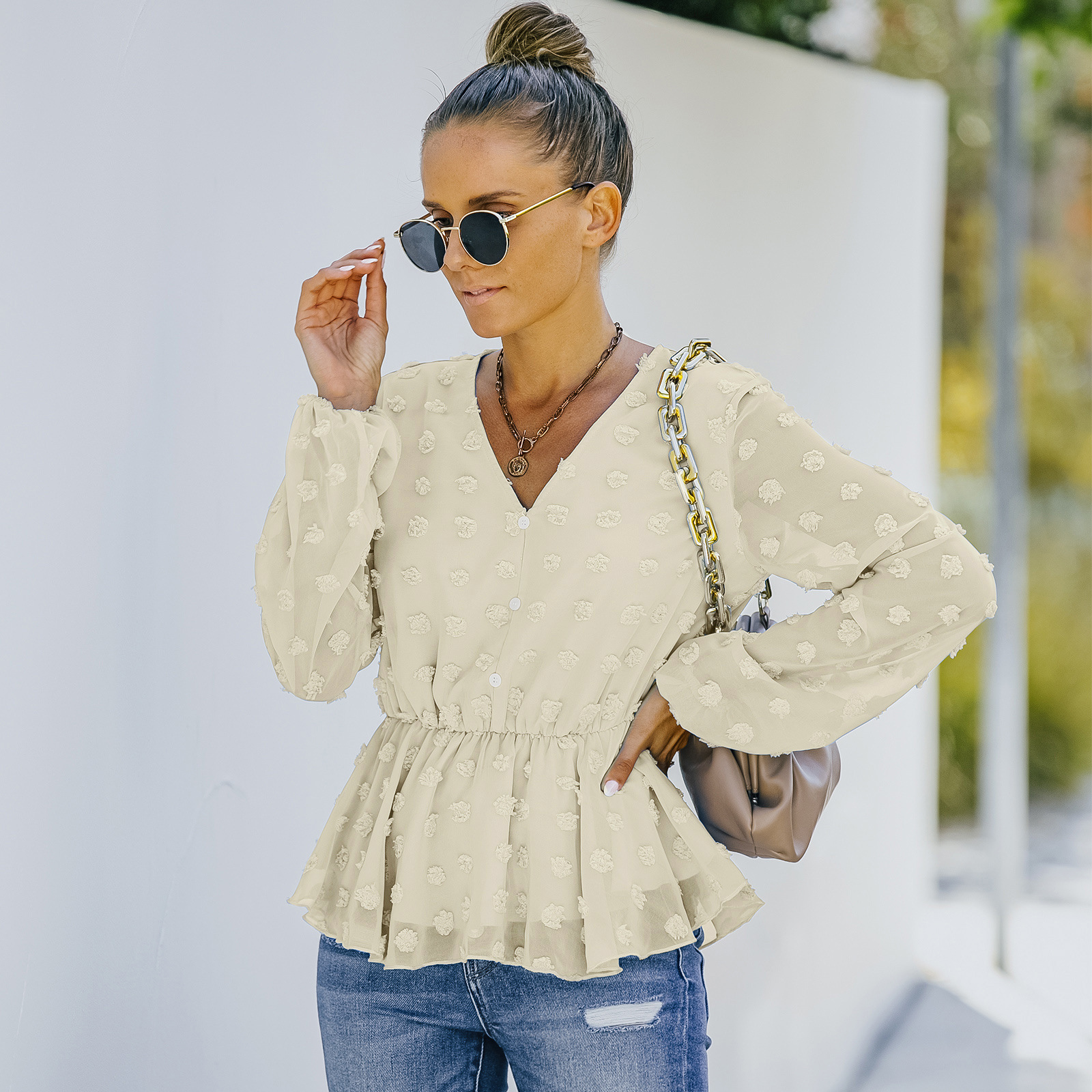 Older Women's Summer V Neck Long Sleeve Chiffon Shirt