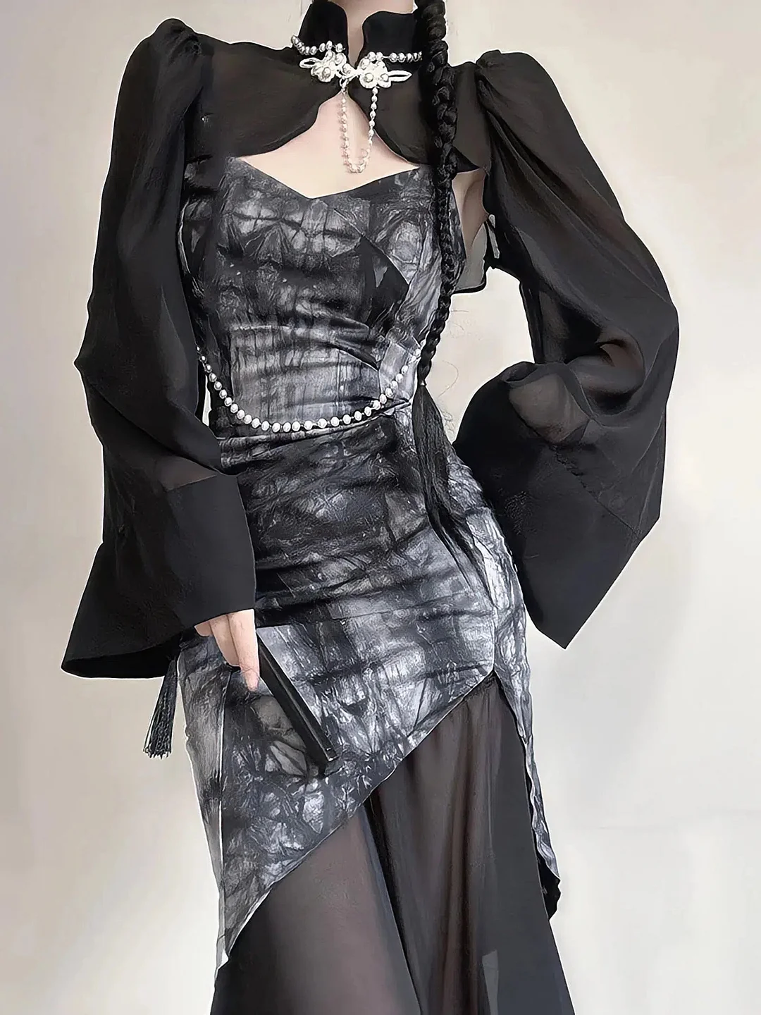 Brownm Wide Sleeve Qipao Midi Dress