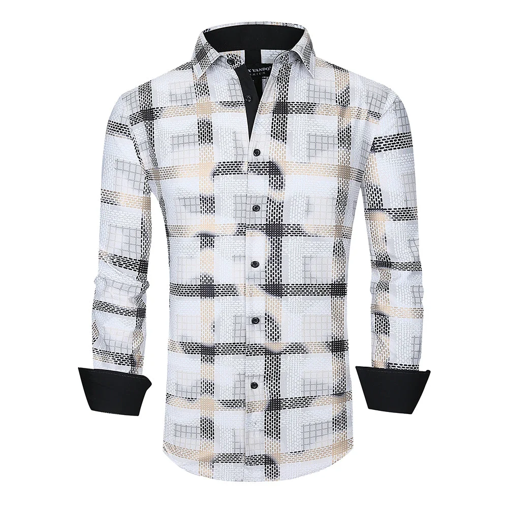 Men's Nightclub Long Foil Printed Shirt White Plaid Alex Vando Fashion