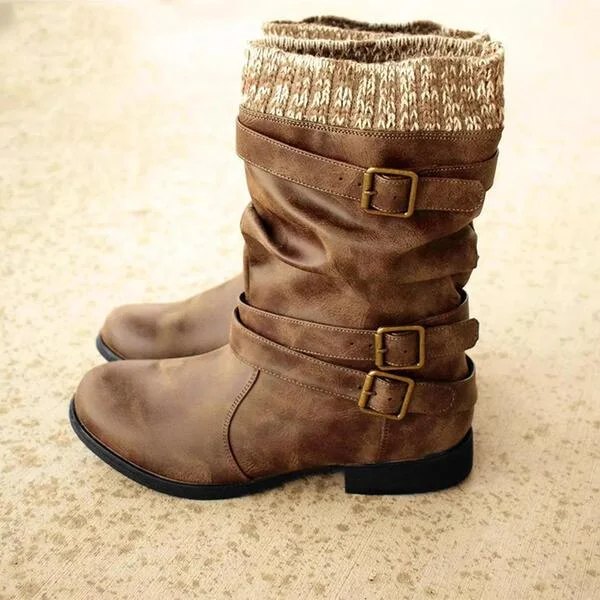Women's PU Flat Heel Boots Mid-Calf Boots Winter Boots With Buckle Shoes