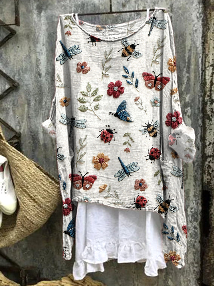 Comstylish Insects & Flowers Embroidery Graphic Cozy Linen Shirt