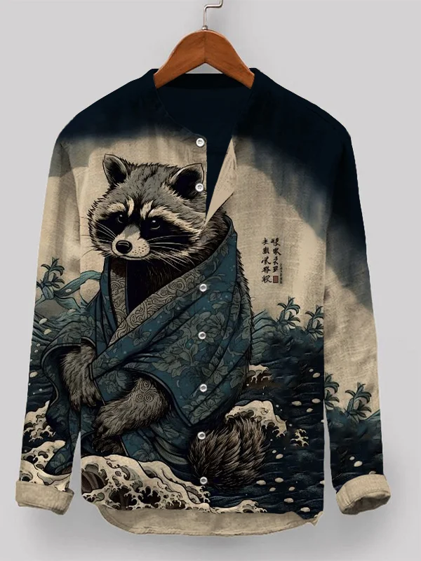 Men's Raccoon Rough Sea Waves Japanese Art Printed Casual Long Sleeve Shirt