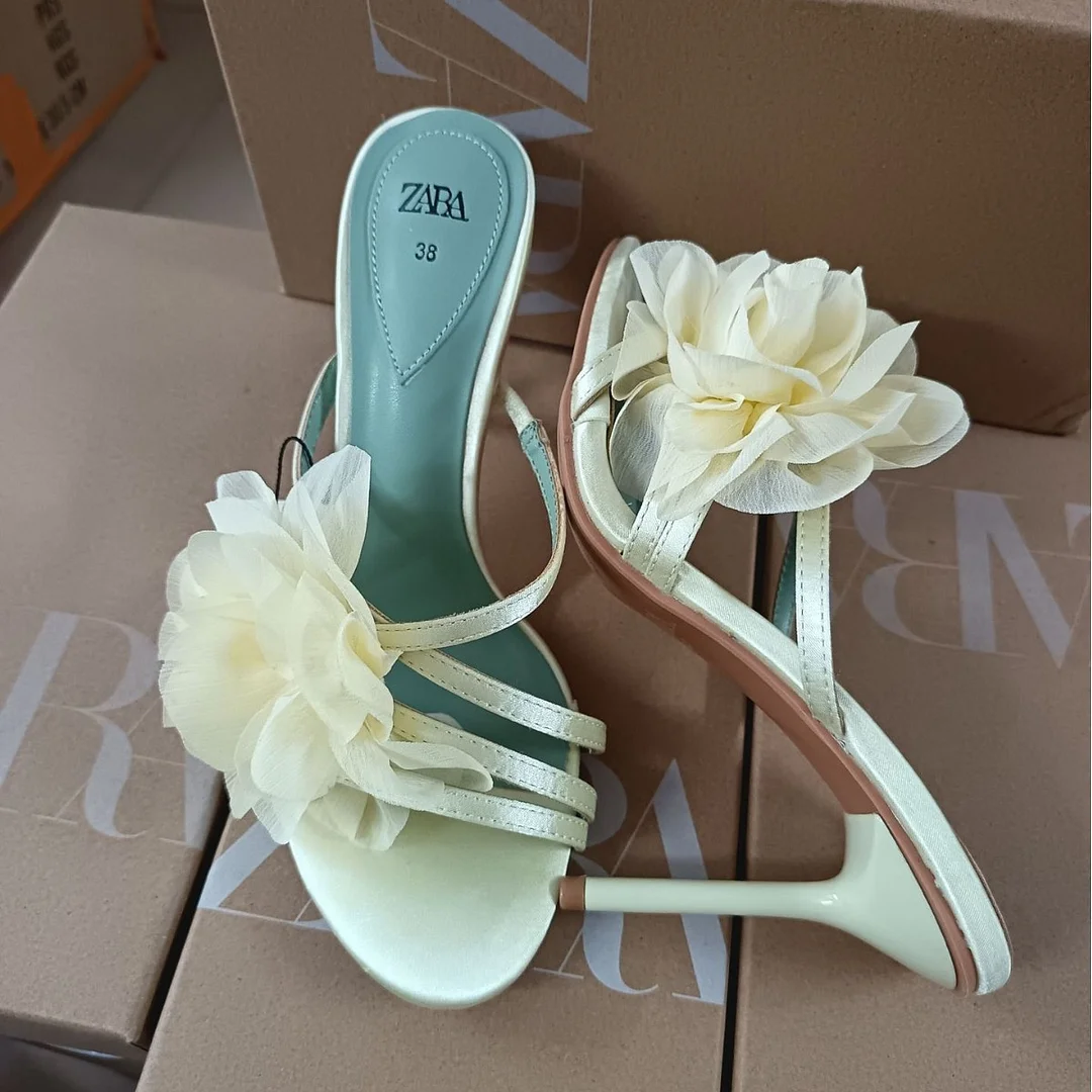 Breakj Breakj Home 2025 Summer New Black Fairy Wind Flowers Toe French Temperament High-Heeled Sandals Woman