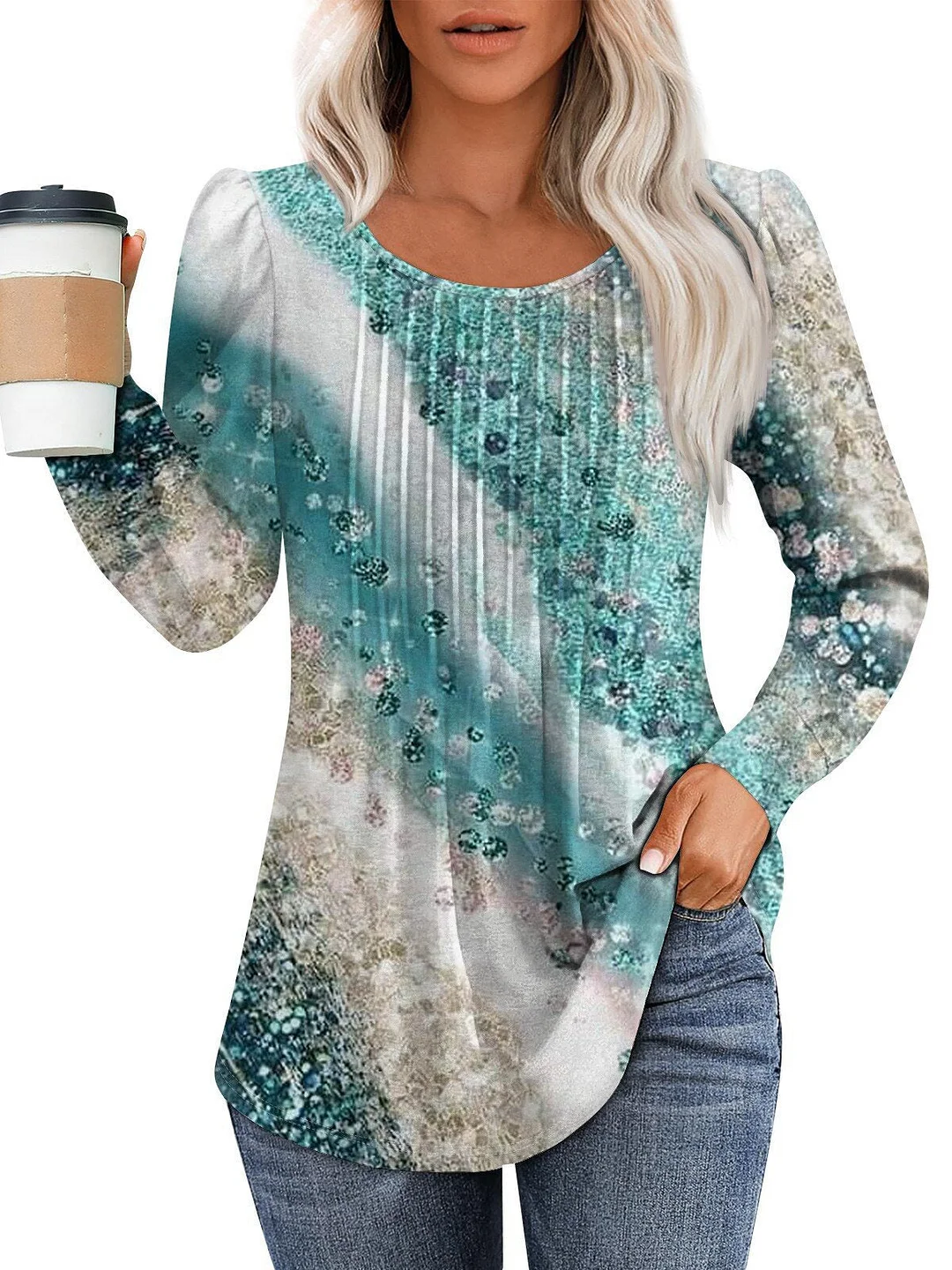 Women's Long Sleeve Scoop Neck Printed Graphic Tops