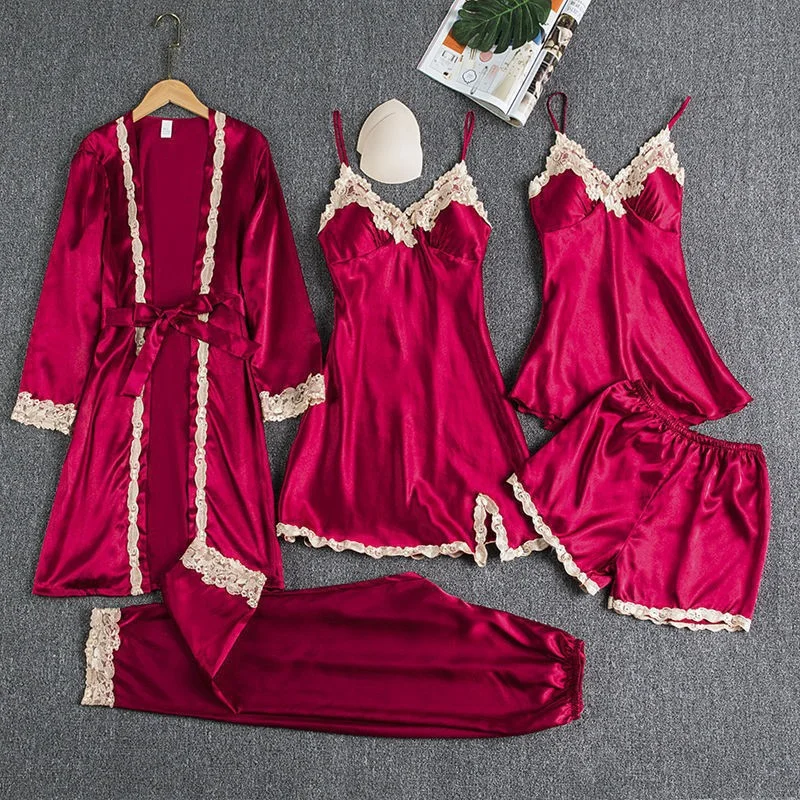 Brownm New Pajamas With Thoracic Silk Sexy Sling With Gold Lace Five-Piece Set Of Pajamas Thin Homewear